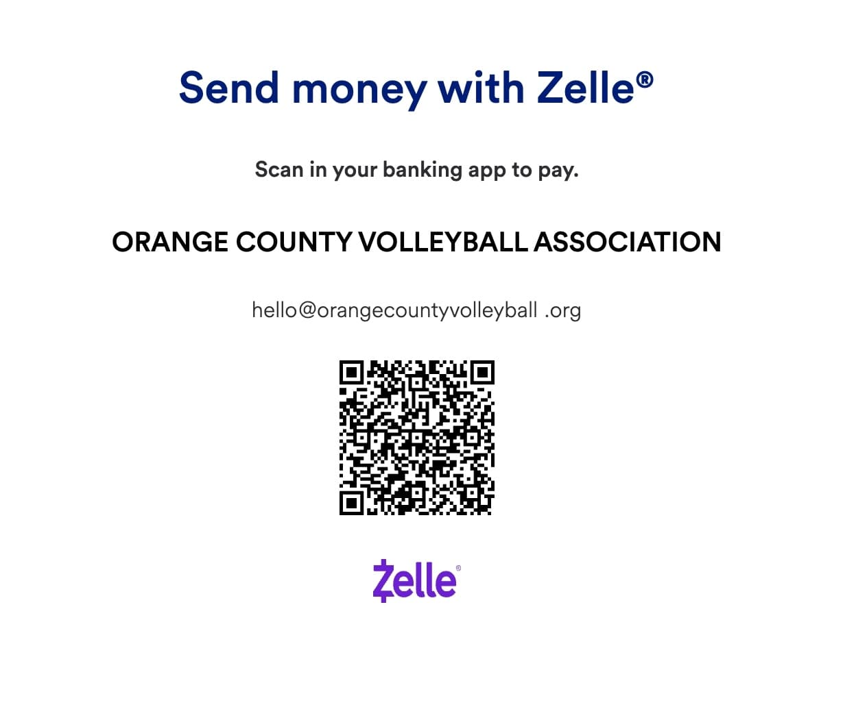 Zelle QR code for Texas Volleyball Association - scan in your banking app to donate